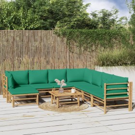 Set de muebles de jardín 9 piezas bambú con cojines verde de vidaXL, Conjuntos de jardín - Ref: Foro24-3155164, Precio: 693,3...