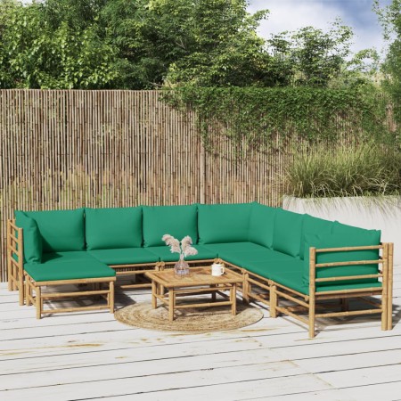 Set de muebles de jardín 9 piezas bambú con cojines verde de vidaXL, Conjuntos de jardín - Ref: Foro24-3155164, Precio: 693,3...