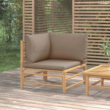 Sofá esquinero de jardín bambú con cojines gris taupe de vidaXL, Sofás modulares de exterior - Ref: Foro24-362286, Precio: 13...