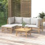 Set de muebles de jardín 5 piezas bambú y cojines gris claro de vidaXL, Conjuntos de jardín - Ref: Foro24-3155082, Precio: 40...