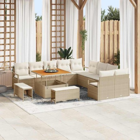 Conjunto de sofá de jardín con cojín 13 pcs Beige Poliratán en Sofás de exterior | Comprar online en Foru.es