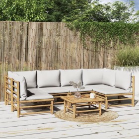 Set de muebles de jardín 7 piezas bambú y cojines gris claro de vidaXL, Conjuntos de jardín - Ref: Foro24-3155102, Precio: 71...