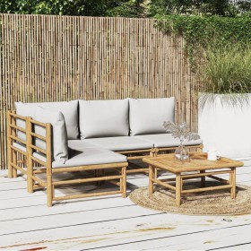 Set de muebles de jardín 5 piezas bambú y cojines gris claro de vidaXL, Conjuntos de jardín - Ref: Foro24-3155106, Precio: 49...