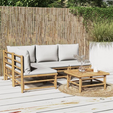 Set de muebles de jardín 5 piezas bambú y cojines gris claro de vidaXL, Conjuntos de jardín - Ref: Foro24-3155106, Precio: 49...