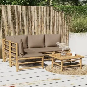 Set de muebles de jardín 5 piezas bambú y cojines gris taupé de vidaXL, Conjuntos de jardín - Ref: Foro24-3155138, Precio: 58...