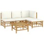 Set de muebles de jardín 5 piezas bambú y cojines blanco crema de vidaXL, Conjuntos de jardín - Ref: Foro24-3155177, Precio: ...