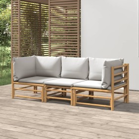 Set de muebles de jardín 3 piezas bambú y cojines gris claro de vidaXL, Conjuntos de jardín - Ref: Foro24-3155087, Precio: 32...