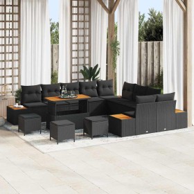 Conjunto de sofá de jardín con cojín 14 pcs Negro Poliratán en Sofás de exterior | Comprar online en Foru.es