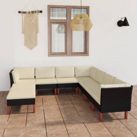 Set de muebles de jardín 9 pzas y cojines ratán sintético negro en Conjuntos de jardín | Comprar online en Foru.es