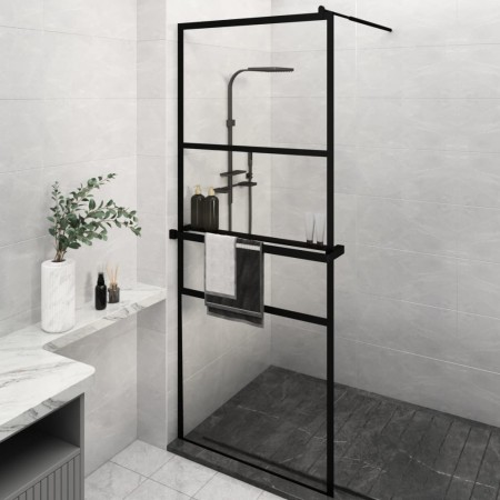 Mampara ducha con estante vidrio ESG y aluminio negro 80x195 cm de vidaXL, Paredes y mamparas de ducha - Ref: Foro24-3185447,...