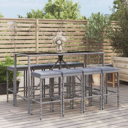 Mesa y taburetes altos jardín 9 pzas y cojines ratán PE gris de vidaXL, Conjuntos de jardín - Ref: Foro24-3187638, Precio: 37...