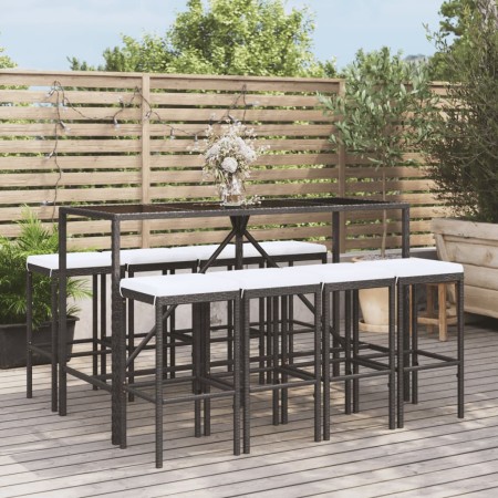 Mesa y taburetes altos jardín 9 piezas y cojines ratán PE negro de vidaXL, Conjuntos de jardín - Ref: Foro24-3187637, Precio:...