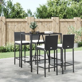 Mesa y taburetes altos jardín 5 pzas y cojines ratán PE negro de vidaXL, Conjuntos de jardín - Ref: Foro24-3187643, Precio: 4...