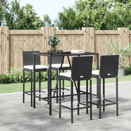 Mesa y taburetes altos jardín 5 pzas y cojines ratán PE negro de vidaXL, Conjuntos de jardín - Ref: Foro24-3187643, Precio: 4...
