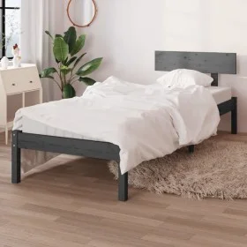 Gray single solid pine wood bed frame 90x190cm by vidaXL, Beds and slatted bases - Ref: Foro24-810114, Price: 79,93 €, Discou...