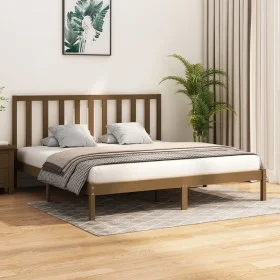Honey brown solid pine wood bed frame 200x200 cm by vidaXL, Beds and slatted bases - Ref: Foro24-3105183, Price: 153,42 €, Di...