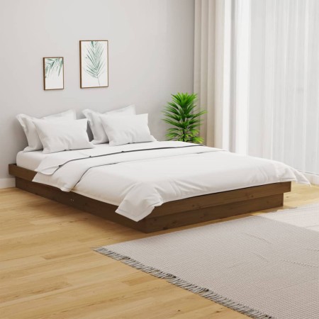 Estructura de cama doble madera maciza marrón miel 135x190 cm de vidaXL, Camas y somieres - Ref: Foro24-819950, Precio: 173,6...