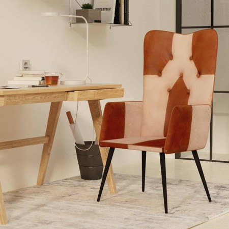 Sillón orejero cuero auténtico marrón y crema en Sillones | Comprar online en Foru.es