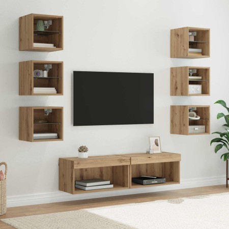 Mueble de TV con cajón 8 pcs Roble artesanal Cristal en Muebles TV | Comprar online en Foru.es