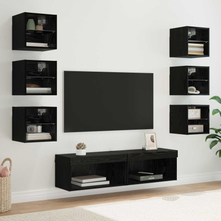 Mueble de TV con tira de luces LED 8 pcs Roble Negro Cristal en Muebles TV | Comprar online en Foru.es