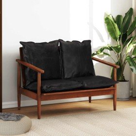 Sofá de 2 plazas madera maciza acacia y cuero auténtico negro en Sofás | Comprar online en Foru.es