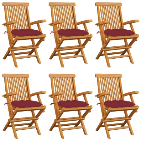 Sillas de jardín 6 uds madera teca con cojines rojo tinto en Sillas de jardín | Comprar online en Foru.es
