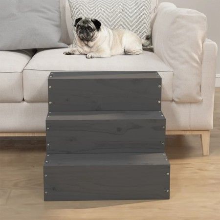 Escalera para mascotas madera maciza de pino gris 40x37,5x35 cm de vidaXL, Escalones y rampas para mascotas - Ref: Foro24-822...