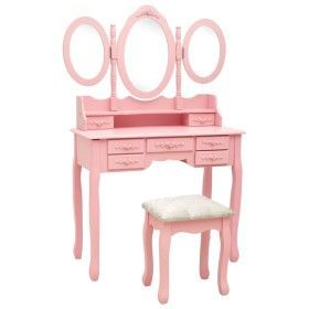 Tocador con taburete y espejo triple plegable rosa de vidaXL, Tocadores para dormitorios - Ref: Foro24-289327, Precio: 174,94...