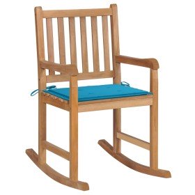 Silla mecedora de madera maciza de teca con cojín azul en Sillas de jardín | Comprar online en Foru.es