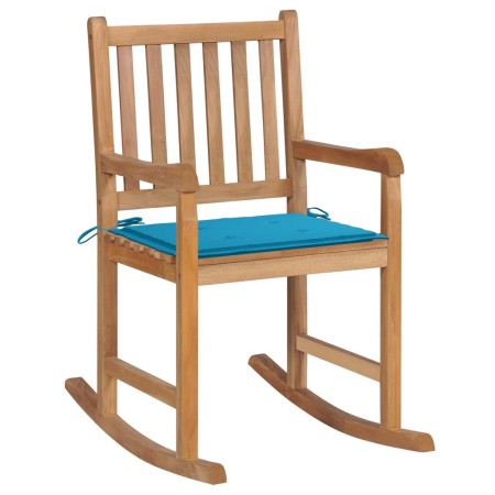 Silla mecedora de madera maciza de teca con cojín azul en Sillas de jardín | Comprar online en Foru.es