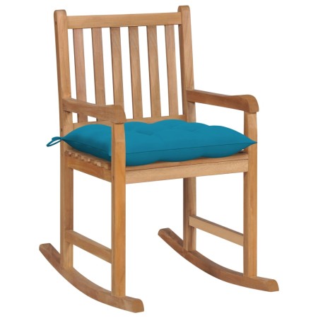 Silla mecedora de madera maciza de teca con cojín azul claro en Sillas de jardín | Comprar online en Foru.es