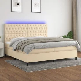 Cama box spring colchón y luces LED tela crema 200x200 cm de vidaXL, Camas y somieres - Ref: Foro24-3135146, Precio: 643,49 €...