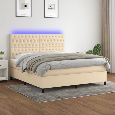 Cama box spring colchón y luces LED tela crema 160x200 cm de vidaXL, Camas y somieres - Ref: Foro24-3135130, Precio: 625,57 €...