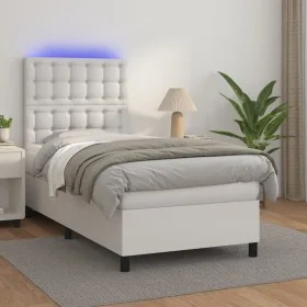 Cama box spring colchón y LED cuero sintético blanco 100x200 cm de vidaXL, Camas y somieres - Ref: Foro24-3135928, Precio: 36...