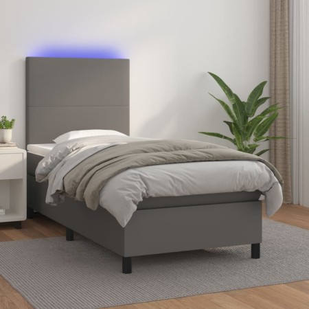Cama box spring colchón y LED cuero sintético gris 100x200 cm de vidaXL, Camas y somieres - Ref: Foro24-3135811, Precio: 381,...