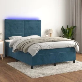 Cama box spring colchón y LED terciopelo azul oscuro 140x200 cm de vidaXL, Camas y somieres - Ref: Foro24-3136189, Precio: 48...