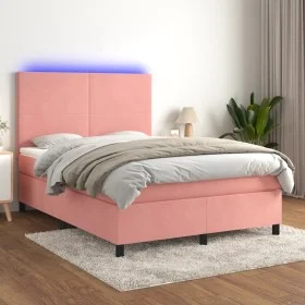 Cama box spring colchón y LED terciopelo rosa 140x190 cm de vidaXL, Camas y somieres - Ref: Foro24-3136004, Precio: 507,06 €,...
