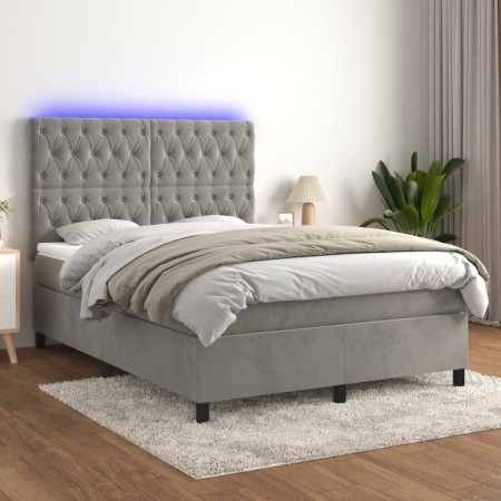 Cama box spring colchón y LED terciopelo gris claro 140x190 cm de vidaXL, Camas y somieres - Ref: Foro24-3136299, Precio: 558...