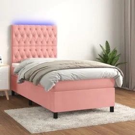 Box spring bed with mattress and LED pink velvet 90x190 cm by vidaXL, Beds and slatted bases - Ref: Foro24-3136280, Price: 35...