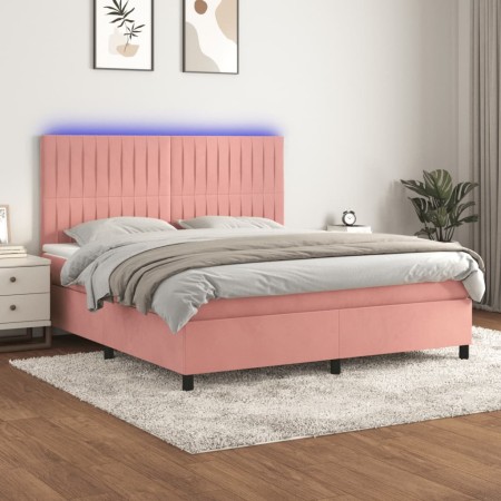 Cama box spring colchón y LED terciopelo rosa 160x200 cm de vidaXL, Camas y somieres - Ref: Foro24-3136256, Precio: 544,17 €,...