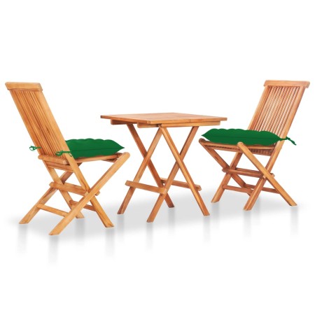 Set de bistró 3 piezas madera maciza teca con cojines verdes en Conjuntos de jardín | Comprar online en Foru.es