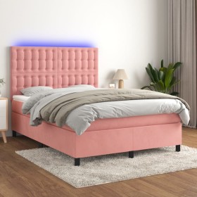 Cama box spring colchón y LED terciopelo rosa 140x190 cm de vidaXL, Camas y somieres - Ref: Foro24-3136364, Precio: 516,88 €,...