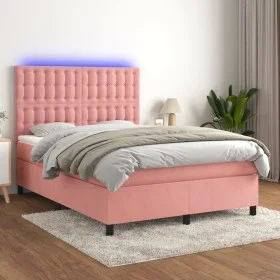 Cama box spring colchón y LED terciopelo rosa 140x200 cm de vidaXL, Camas y somieres - Ref: Foro24-3136370, Precio: 487,85 €,...