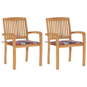 Sillas de jardín 2 uds madera de teca y cojines a cuadros rojos en Sillas de jardín | Comprar online en Foru.es