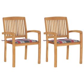 Sillas de jardín 2 uds madera de teca y cojines a cuadros rojos en Sillas de jardín | Comprar online en Foru.es