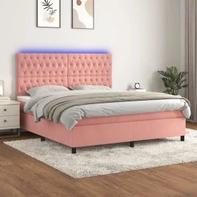 Cama box spring colchón y LED terciopelo rosa 180x200 cm de vidaXL, Camas y somieres - Ref: Foro24-3136322, Precio: 623,31 €,...