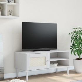 Mueble de TV SENJA aspecto ratán madera pino blanco 106x40x49cm en Muebles TV | Comprar online en Foru.es