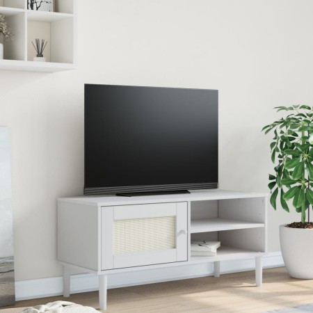 Mueble de TV SENJA aspecto ratán madera pino blanco 106x40x49cm en Muebles TV | Comprar online en Foru.es