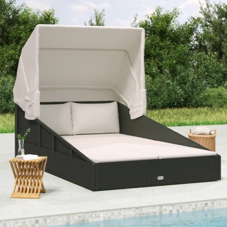 Tumbona con toldo plegable ratán sintético negro 200x114x128 cm en Camas para exterior | Comprar online en Foru.es