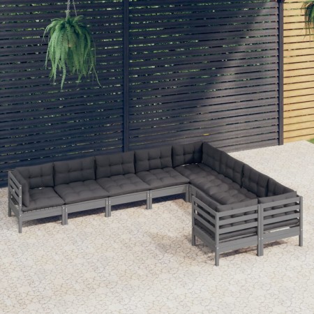 Muebles de jardín 9 pzas y cojines gris madera de pino de vidaXL, Conjuntos de jardín - Ref: Foro24-3096985, Precio: 814,61 €...